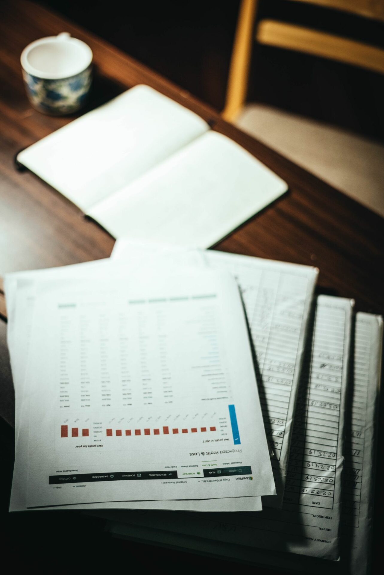 Pile de documents comportant des données statistiques posée sur un bureau