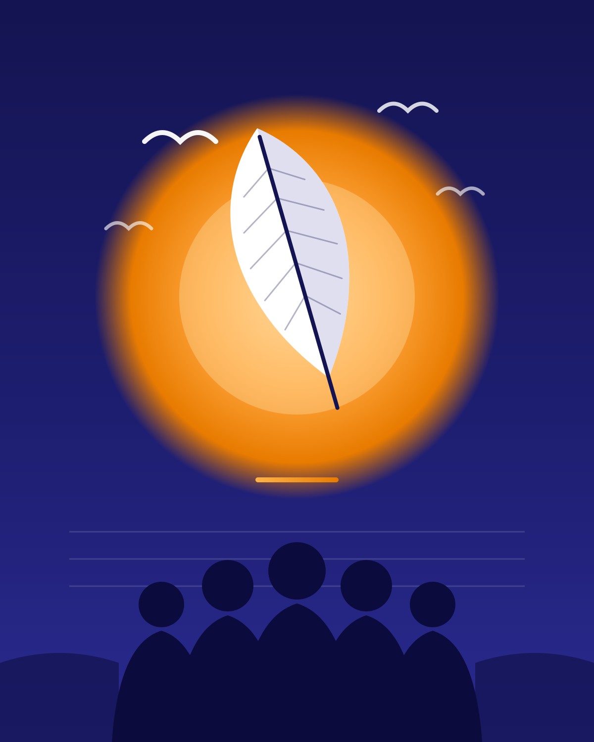 Illustration du concours : une plume d'écriture blanche devant un soleil orange, des oiseaux en vol et des silhouettes de jeunes tournées vers l'horizon