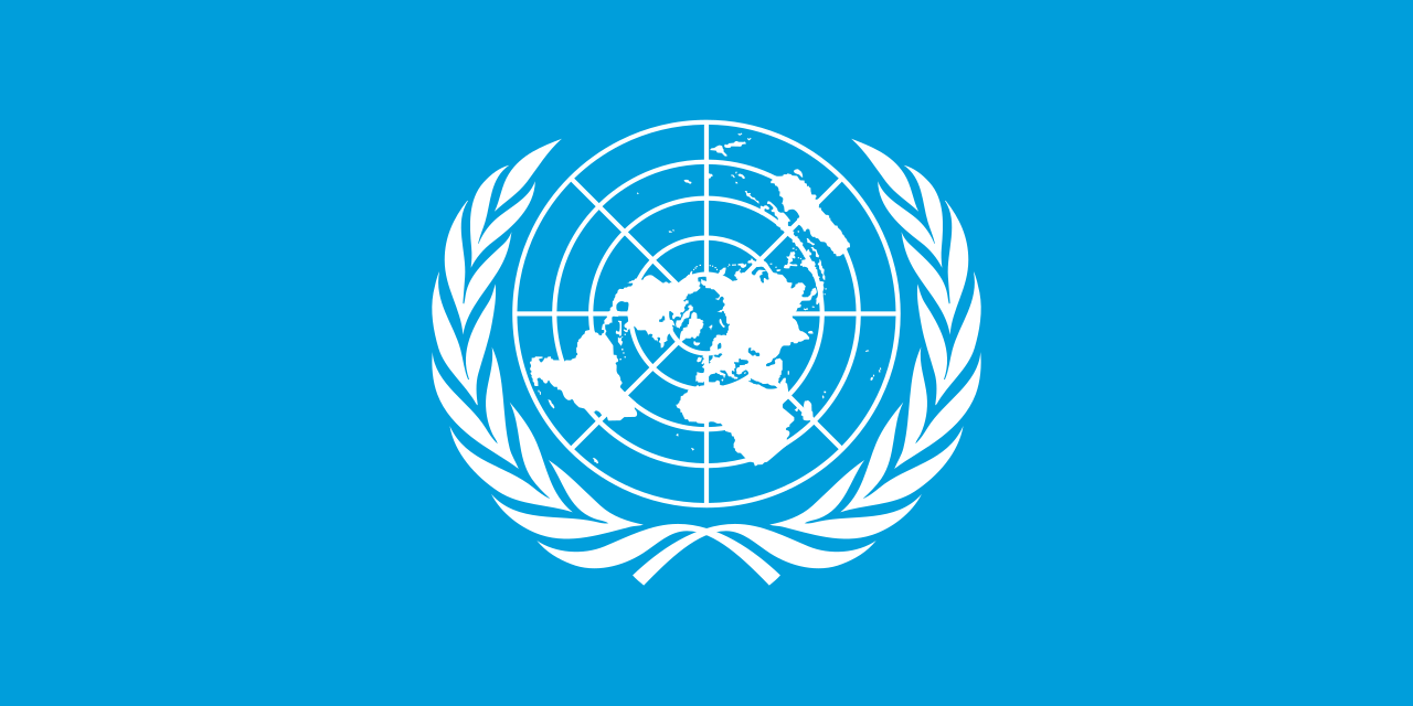 Drapeau des Nations Unies : emblème blanc de l'ONU sur fond bleu