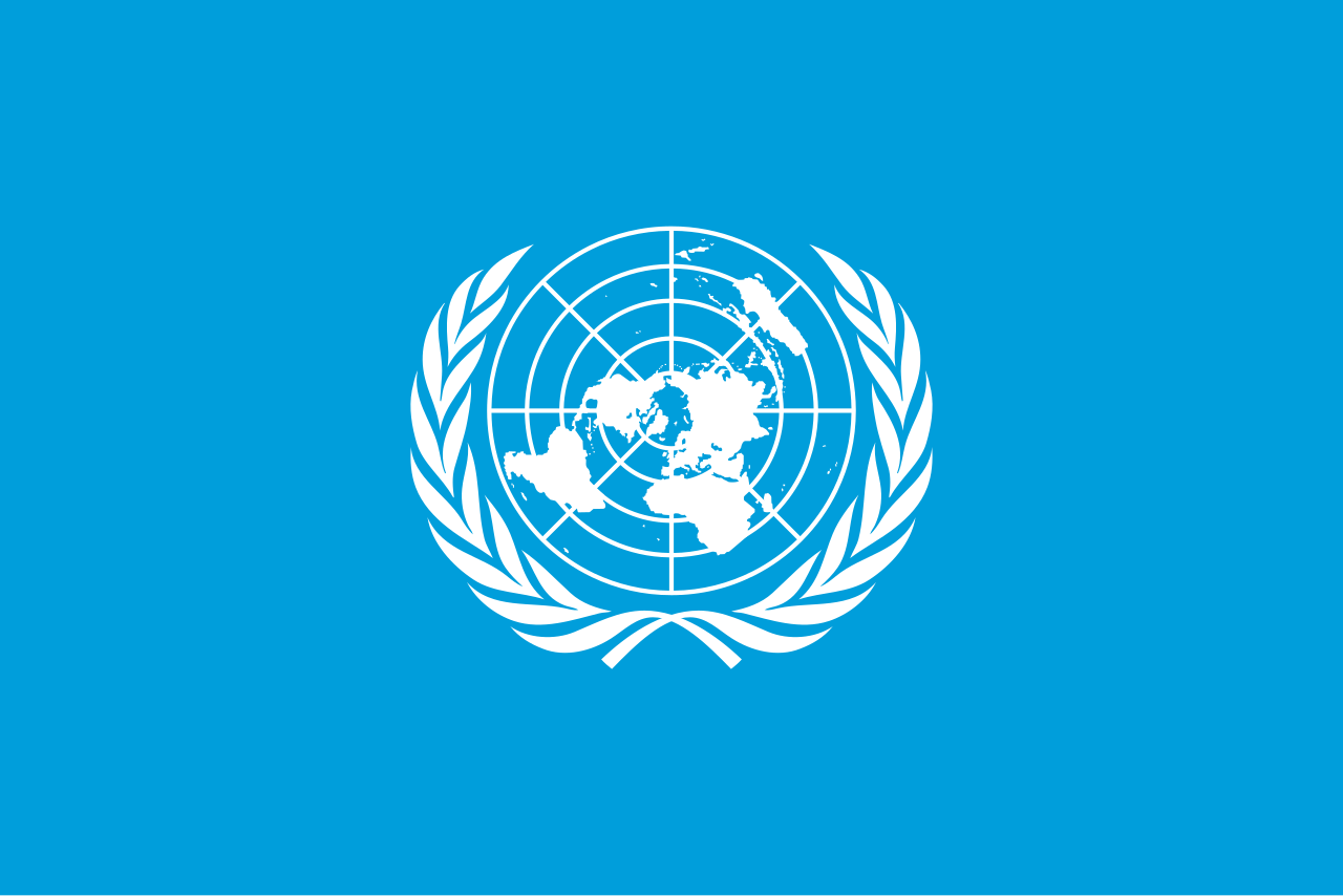 Drapeau des Nations Unies : emblème blanc de l'ONU sur fond bleu